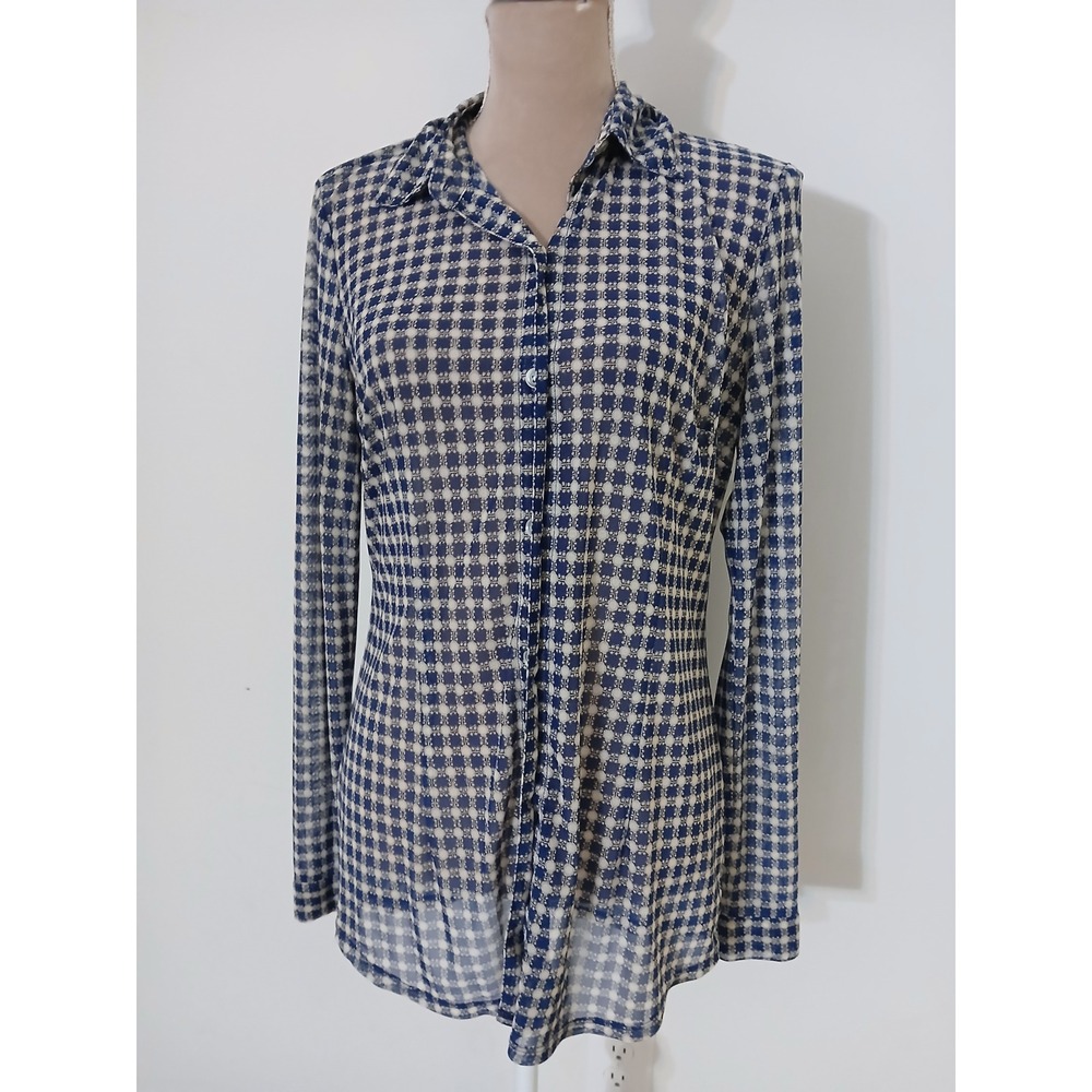 Cabi Womens Blue White Geometric Mesh Button Down Blouse Top Style 736 Size M